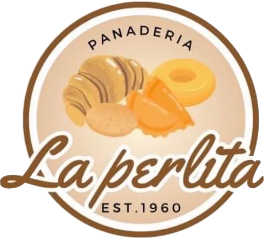 Logotipo de Panadería La Perlita: insignia circular café y crema con cuernito, pan de polvo, empanada y dona, y el nombre en letra manuscrita.